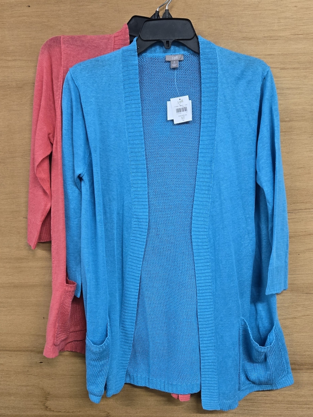 (2) Linen J. Jill Turquoise And Watrtmelon Open-Front Pocket Cardigan 100% Linen